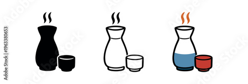 Three minimalist icons of a steaming sake carafe and a small cup in silhouette, outline, and colored versions on a white background.