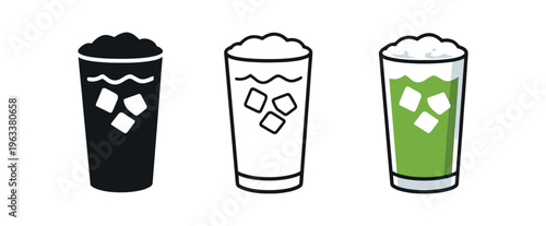 Flat icons of a tall glass filled with iced green tea, ice cubes and foam, shown in solid black, outline, and bright green color for beverage illustrations.