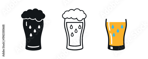 Three minimalist icons of a beer pint with foamy head and liquid droplets shown as silhouette, outline, and colored version on white background.