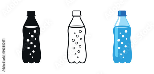 Three simple bottle icons — black silhouette, black outline, and blue colored carbonated drink bottle with bubbles — suitable for labels, apps, and ui.