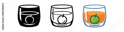 Three simple icon styles of a short rocks glass holding an amber cocktail and a green apple garnish — solid, outline, and full-color flat vector versions suitable for menus, apps, and labels.