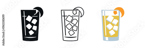 Three icon styles of a tall highball glass filled with yellow-orange liquid, ice cubes and an orange wedge 