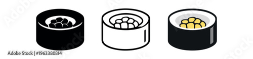 Three gunkan-style sushi icons: solid black, line drawing, and colored version showing rice wrapped in nori topped with small round roe or corn-like pieces.