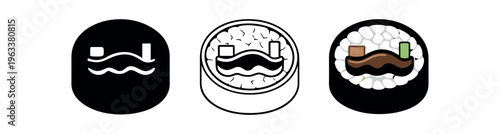 A compact gunkan sushi icon showing a nori-wrapped rice boat topped by a small rectangular garnish — made for clean ui, menu or sticker use.