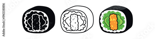 Three stylistic icons of a nori-wrapped sushi roll: solid black, line outline, and full-color version with rice, green lettuce and orange tempura shrimp — designed for menus, apps, or stickers.