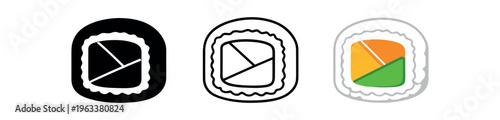 A square-style sushi roll icon showing a triangular salmon slice and avocado wedge inside rice and nori — created for clean menu, label or ui icon use.