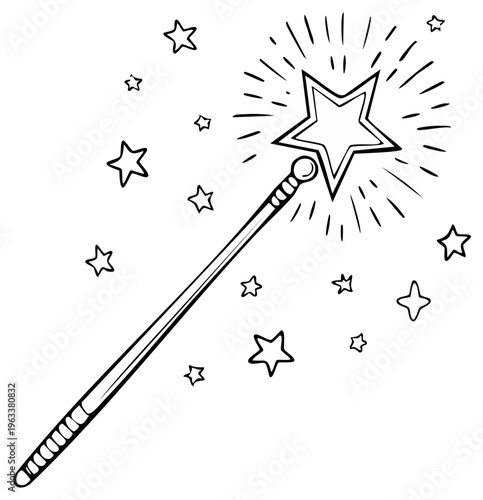 Doodle of a magic wand with a sparkling star emitting light, surrounded by small stars