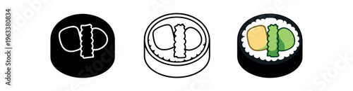 Icon set of a round maki slice with two adjacent fillings (vegetable pieces) surrounded by rice and nori, shown as solid, line art, and colored versions for ui, menus, or app icons.