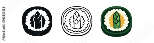 Icon set showing a round maki slice with a leafy green filling at the center surrounded by rice and nori, presented as filled, line, and colored versions for use in ui, menus, or branding.