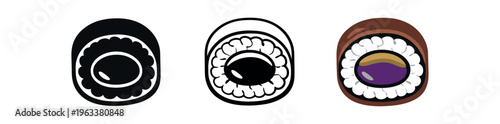 Three icon variations of a nori-wrapped sushi roll: solid silhouette, line outline, and colored version with white rice and a purple filling center, useful for menus and apps.