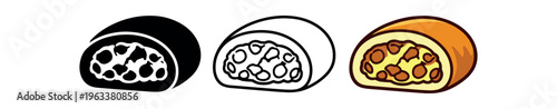 A row of three flat sushi roll icons: a black silhouette, a black outline, and a full-color version of a sliced rice roll with mixed chunky filling. designed as a clean icon set for food menu