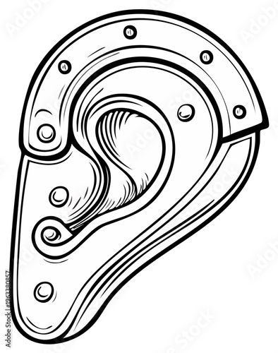 Antique mechanical ear prosthesis with intricate detailing and rivets