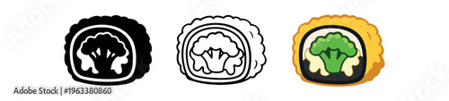 Icon set of a crispy tempura sushi roll: solid black silhouette, detailed outline, and colored version showing a green vegetable (broccoli-like) filling and golden fried exterior. good for menu