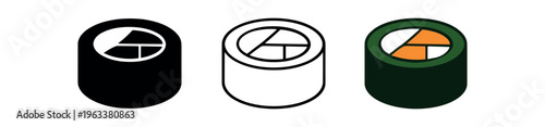 Three flat vector icons of a hosomaki (thin maki) roll showing a triangular filling of egg and vegetable, presented in solid, outline, and colored versions for menus and ui.