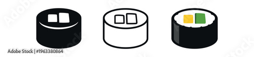 Three-style icon of a compact maki roll slice with two small rectangular fillings (egg or tofu style) inside rice and nori, shown as solid, outline, and colored icons for app or menu use.