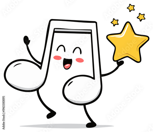 Cartoon music note holding a golden star, celebrating