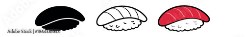 Three tuna nigiri icons presented as black silhouette, line drawing, and red-topped colored version for ui, menus, or stickers.