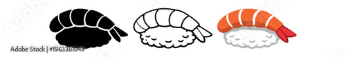 Three shrimp (ebi) nigiri icons shown as solid, outline, and orange-colored versions for use in menus, apps, or packaging.