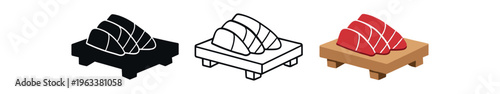 Three nigiri icons showing salmon slices on rice served on a small wooden platform (geta): black silhouette, line-art outline, and colored illustration — ideal for menu labels, icons, or food packs.