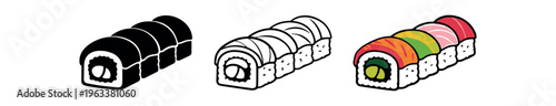Three-style sushi maki roll icons — solid black, line outline, and full-color version — ideal for menus, apps, packaging and food branding.