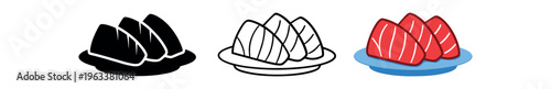 Three small icon variations of three salmon nigiri on a plate: black silhouette, line-art outline, and colored version with red-orange fish on blue plate 
