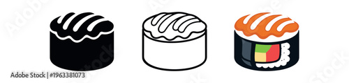 Three gunkan-style sushi icons topped with salmon — solid, line and colored versions for restaurant menus, delivery apps, logos and packaging.