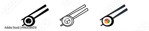 Three small icons showing a pair of chopsticks picking up a maki roll: solid black, simple outline, and colored versions, ideal for app buttons, menus, or small ui indicators.