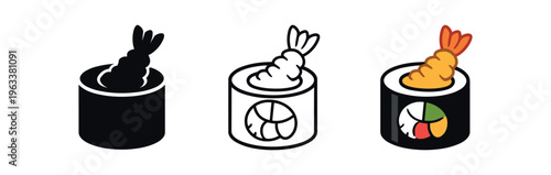 Three shrimp tempura sushi roll icons — solid, outline and full-color versions showing tempura shrimp tail and filling, ideal for menus, apps and labels.