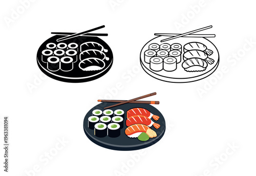 Three round-plate icons showing a neatly arranged sushi set: several maki rolls, two nigiri pieces and chopsticks in solid, outline, and colored detailed styles for menus, posters, or food graphics.