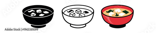 Three simple bowl icons in silhouette, line art, and colored styles showing miso soup with tofu cubes and seaweed, suitable for menus, apps, and food icon sets.