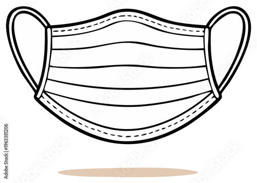 Hand drawn black and white illustration of a protective face mask with elastic ear loops and pleats