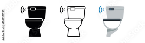 Three simple toilet icons (solid, outline, colored) showing a cistern with a wireless sensor signal above it and a closed seat—suitable for restroom signage or user instructions.