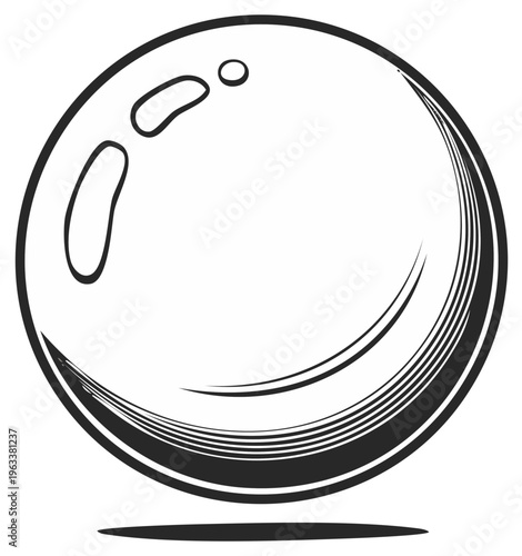 Black and white illustration of a crystal ball with shading and shadow effect, for divination or fortune telling concepts.