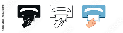 Three dispenser icons (solid, outline, colored) showing a hand inserting a card or ticket into a slot, designed for kiosks, ticket machines, payment points, and instructional signs.
