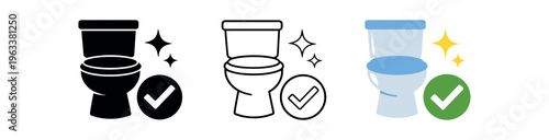 Three icon variations of a sparkling toilet bowl with an approval checkmark — solid, outline, and colored versions for restroom cleaning, sanitation, and maintenance signs.