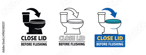 Three instructional icons showing a toilet with an arrow pointing down to the lid and the text instruction "close lid before flushing" in solid, outline, and colored badge styles for hygiene posters.
