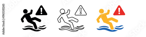 Three caution icons of a person slipping over a puddle with an exclamation caution symbol, shown in solid, outline, and colored styles for wet floor warnings and safety decals.
