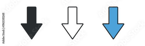 Three downward arrows shown as a solid dark arrow, an outline arrow, and a blue filled arrow with black stroke for use in controls and signage.