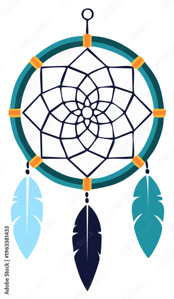 Fototapeta premium Stylized dreamcatcher illustration featuring an intricate web and colorful feathers bohemian decor artwork