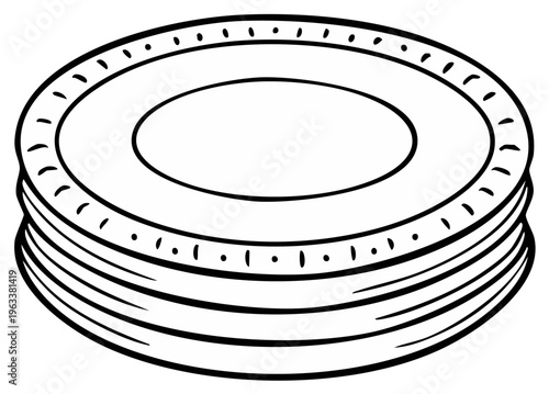 Stack of clean ceramic dinner plates with decorative rim illustration