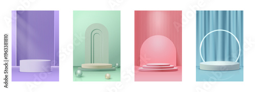 A collection of four vertical banners featuring empty 3D podiums and platforms for product display. The designs include geometric shapes like arches, circles, and stripes in soft pastel colors