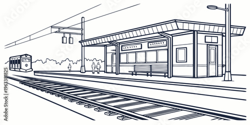 A line art illustration of a railway platform with a train arriving, showing a station building, tracks, and overhead wires in a simple yet detailed monochrome design.