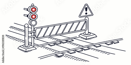 Railway crossing barrier line art icon with traffic lights and warning sign, railroad safety symbol in black and white.