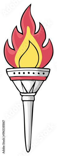 Cartoon illustration of a burning torch with flames and a silver handle, symbol.