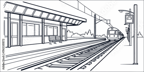 A black and white line art illustration of a train arriving at a railway station platform with a bench and a sign, surrounded by tracks and wires in a rural or suburban area.