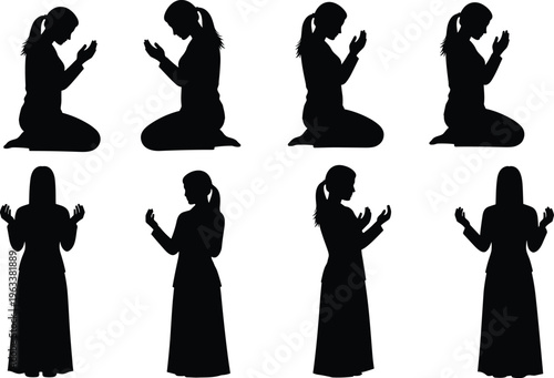 Black silhouettes set of women in prayer and worship poses including kneeling and standing isolated on white background for design,