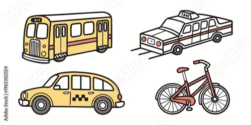 City transportation icons including a school bus, taxi, bicycle, and city car for travel and transport concepts.