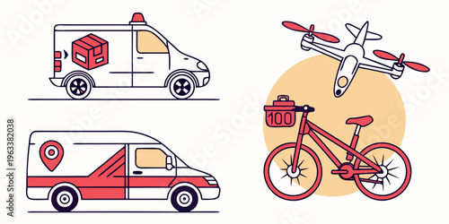 Delivery vehicles and transport icons including courier van, drone, and bicycle for logistics and shipping concepts.