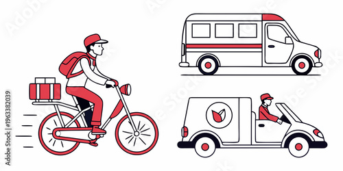 Delivery vehicles and courier transport icons including a bicycle and van with driver