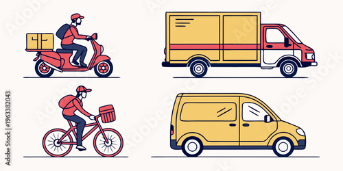 Delivery vehicles and couriers icons set including motorcycle, van, truck, bicycle, transport, logistics, shipping, courier services, fast delivery